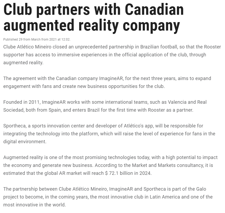 Club partners with Canadian augmented reality company