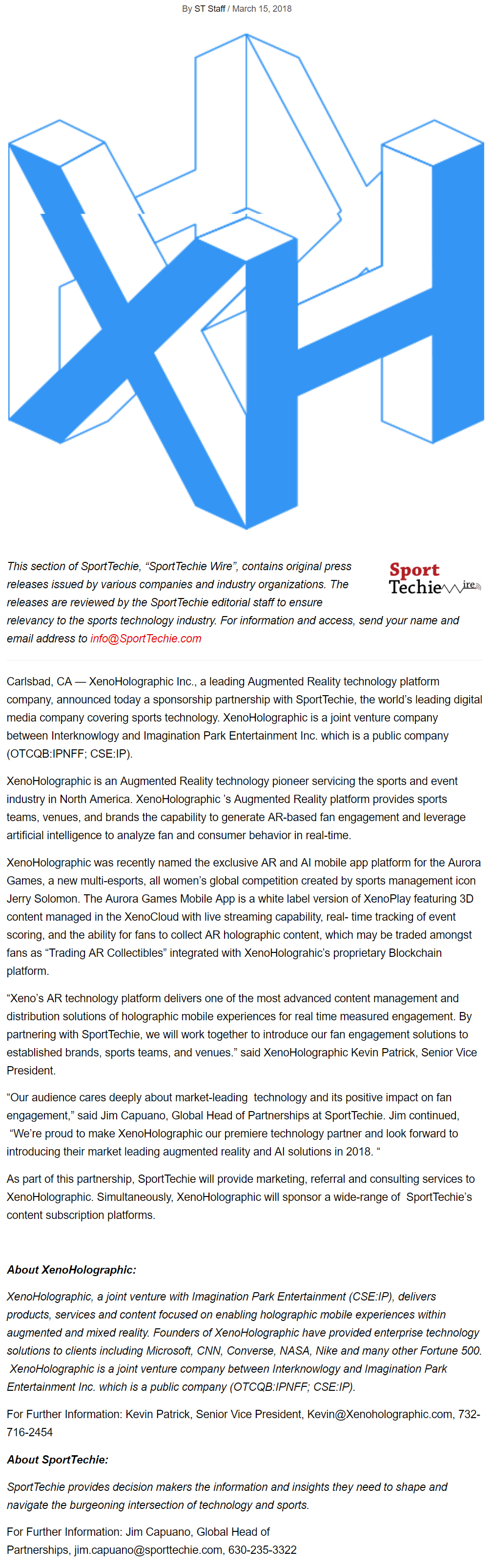 XenoHolographic Executes Strategic Partnership with SportTechie; Introducing Augmented Reality Platform to Sports Teams, Arenas and International Brands