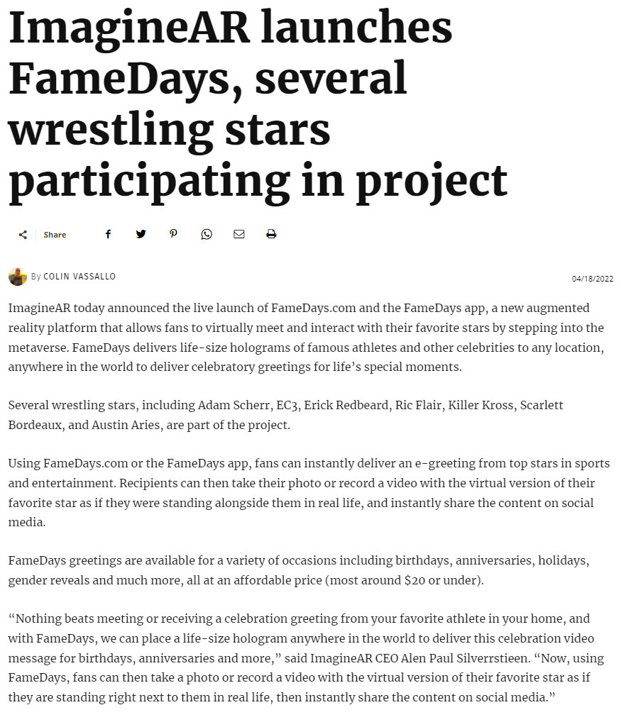 ImagineAR launches FameDays several wrestling stars participating