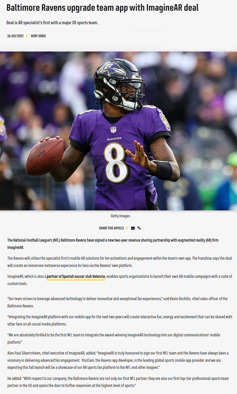 Baltimore Ravens upgrade team app with ImagineAR deal